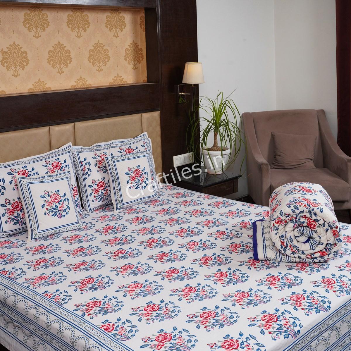 Craftiles - BS1056 Carry Jaipuri Handblock Printed Bedding Set by Jaipur dharohar for Home and Wedding Gift - Blue