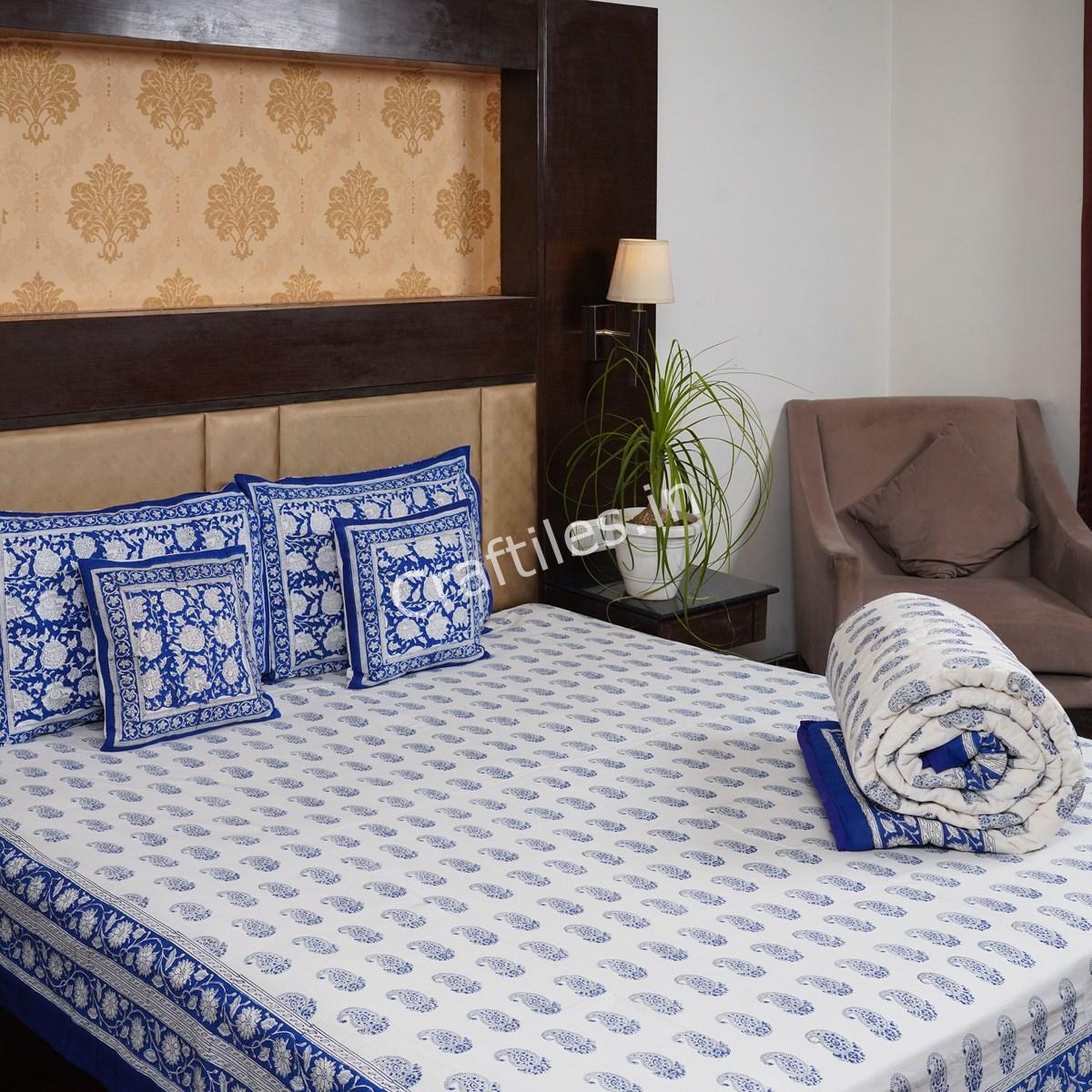 Craftiles - BS1056 Carry Jaipuri Handblock Printed Bedding Set by Jaipur dharohar for Home and Wedding Gift - Blue