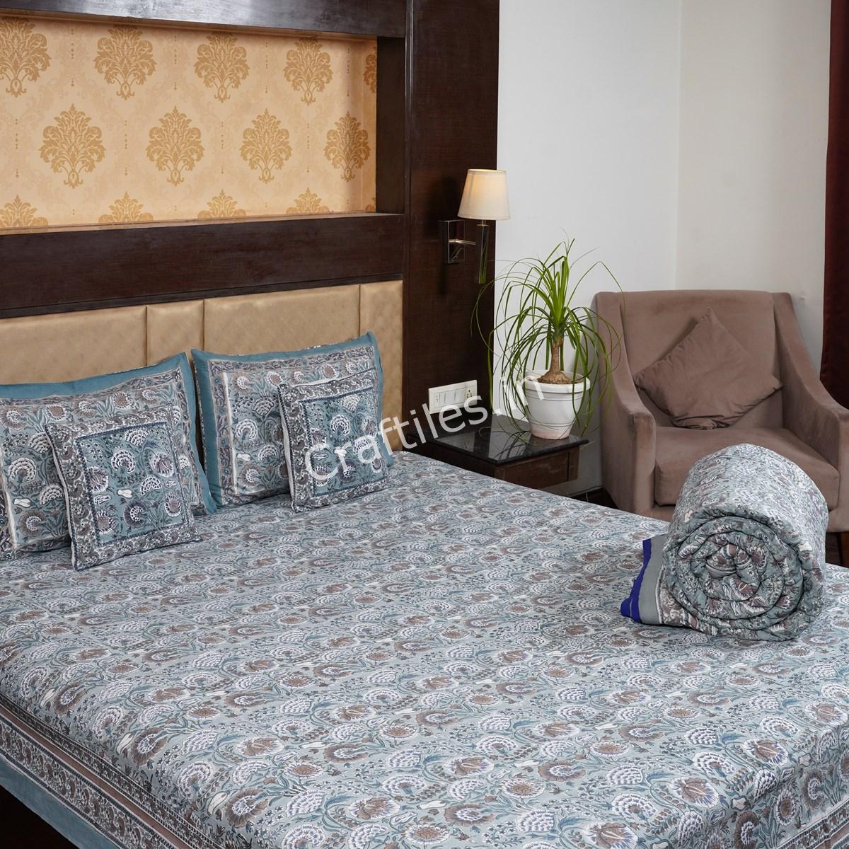 Craftiles - BS1136 Kashyap Jaipuri Handblock Printed Bedding Set by Jaipur dharohar for Home and Wedding Gift - Gray