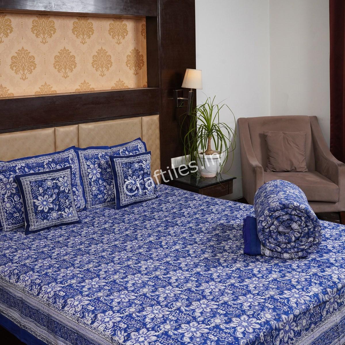 Craftiles - BS1062Q Indigo Jaipuri Handblock Printed Bedding Set by Jaipur dharohar for Home and Wedding Gift - Blue