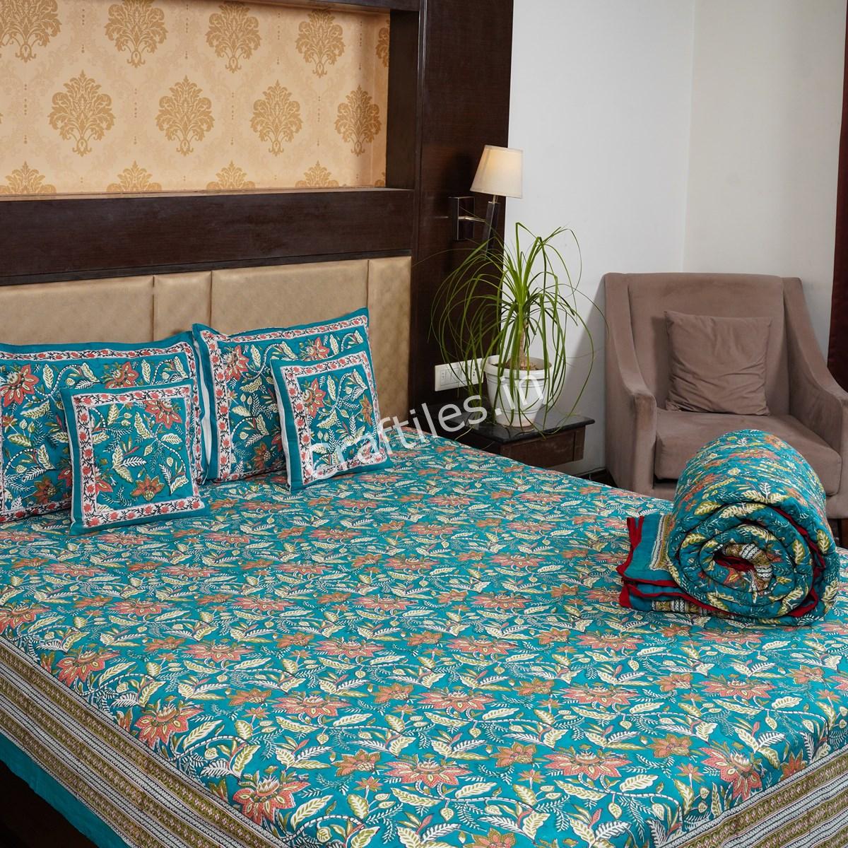 Craftiles - BS1086 Ratna Jaipuri Handblock Printed Bedding Set by Jaipur dharohar for Home and Wedding Gift - Green