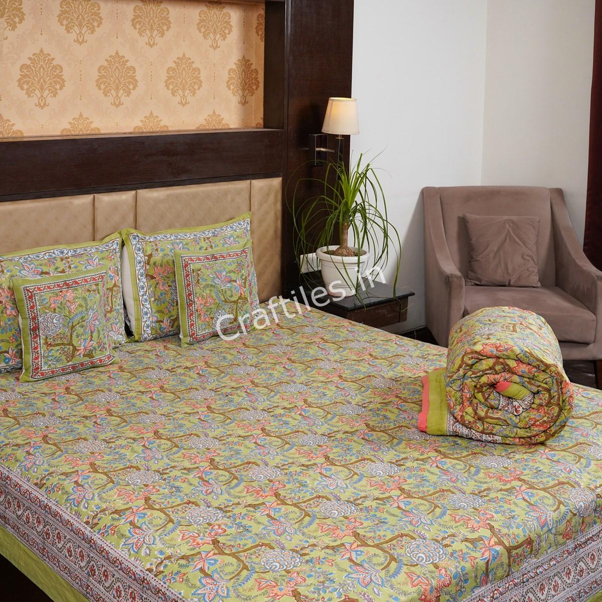 Craftiles - BS1127 Saat Kaam Jaipuri Handblock Printed Bedding Set by Jaipur dharohar for Home and Wedding Gift - Green