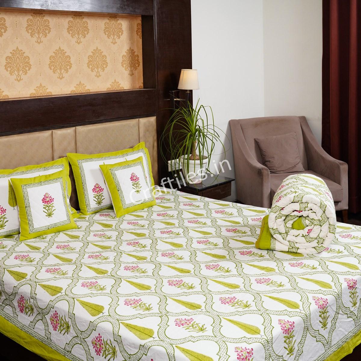Craftiles - BS1128 Flower Pot Jaipuri Handblock Printed Bedding Set by Jaipur dharohar for Home and Wedding Gift - Green