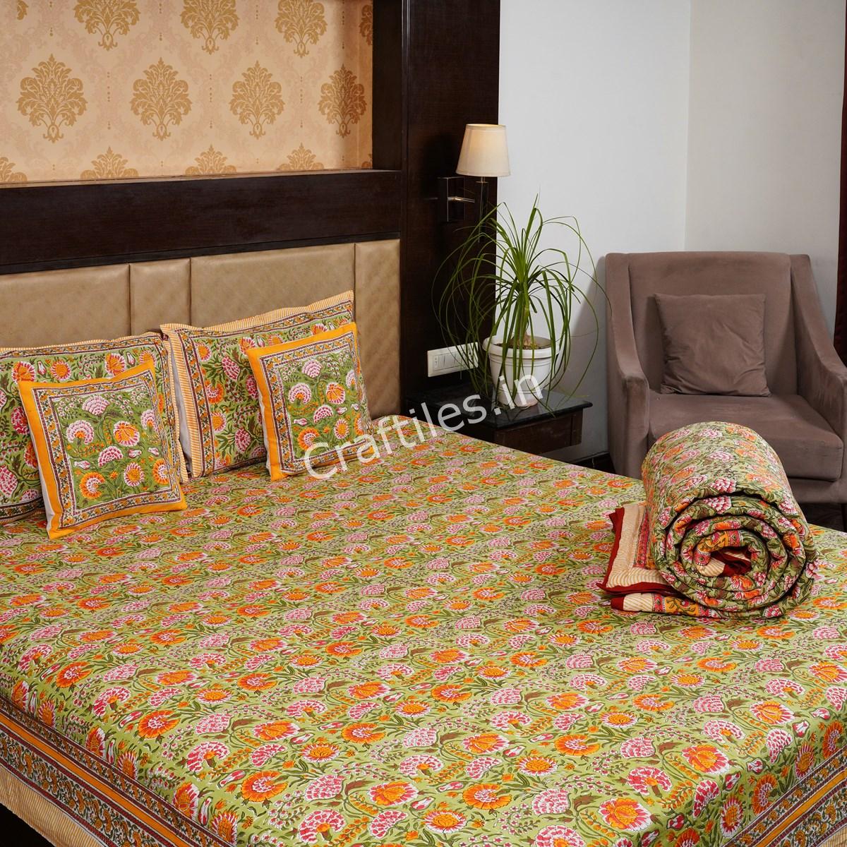 Craftiles - BS1051 Sunflower Tree Jaipuri Handblock Printed Bedding Set by Jaipur dharohar for Home and Wedding Gift - Yellow