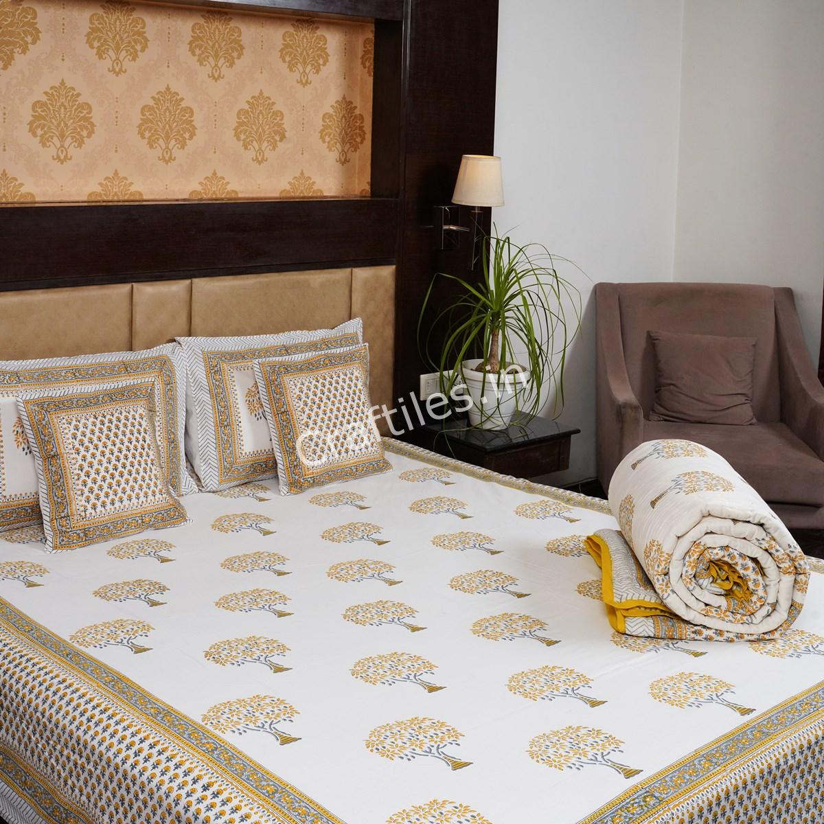 Craftiles - BS1031 Golden Tree Jaipuri Handblock Printed Bedding Set by Jaipur dharohar for Home and Wedding Gift - Yellow