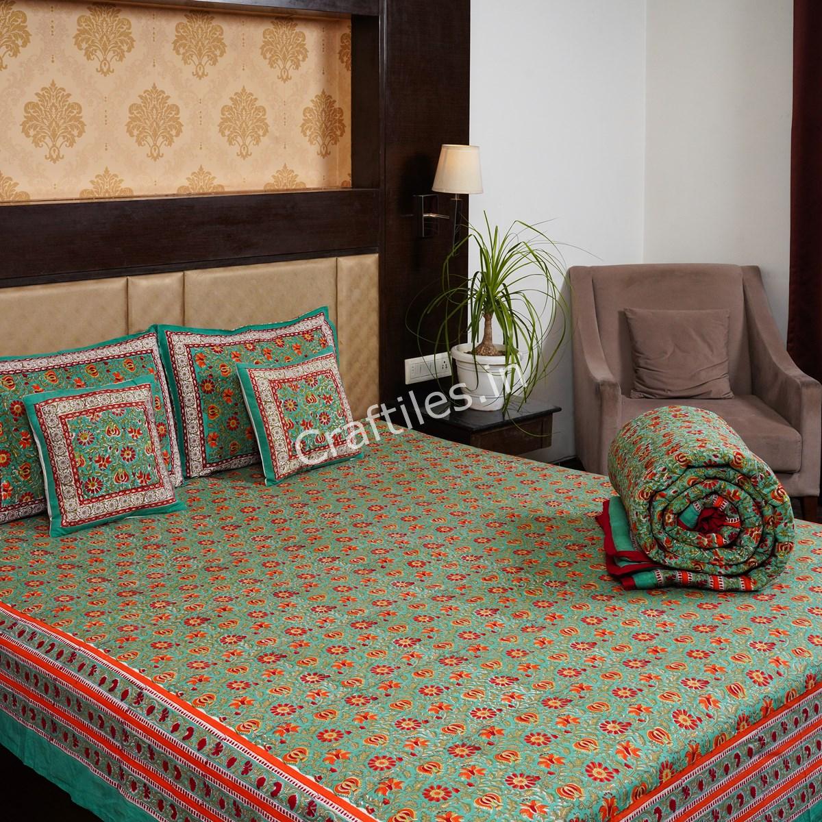 Craftiles - BS1130 Chakri Jaipuri Handblock Printed Bedding Set by Jaipur dharohar for Home and Wedding Gift - Green