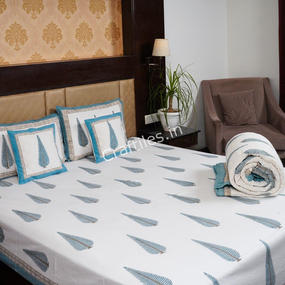 Craftiles - BS1008 Tilak Jaipuri Handblock Printed Bedding Set by Jaipur dharohar for Home and Wedding Gift - Blue