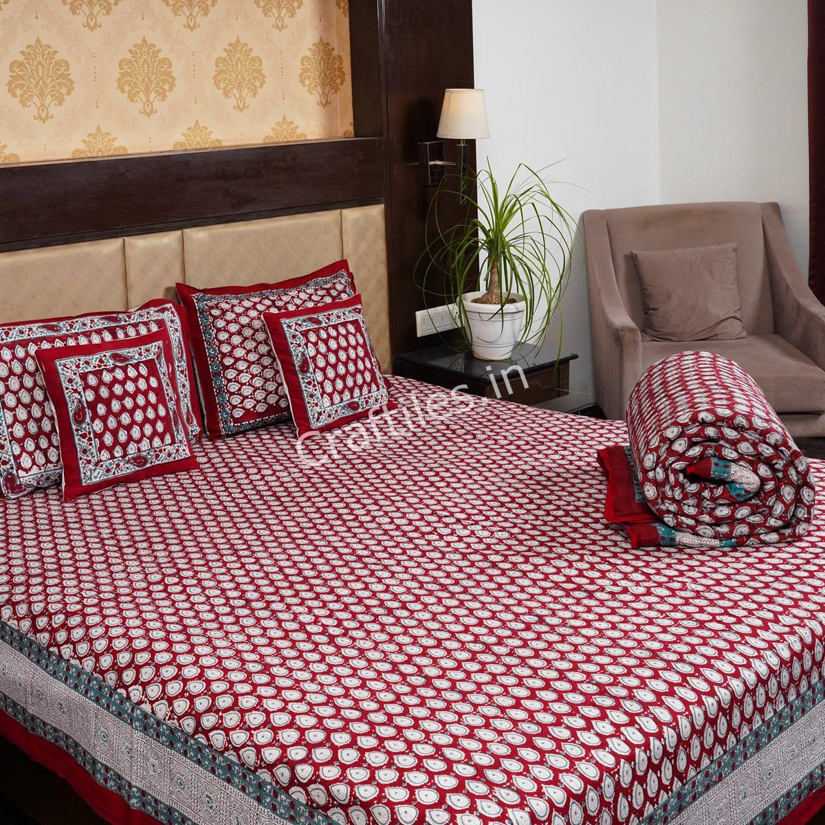 Craftiles - BS1145 Booti Jaipuri Handblock Printed Bedding Set by Jaipur dharohar for Home and Wedding Gift - Red