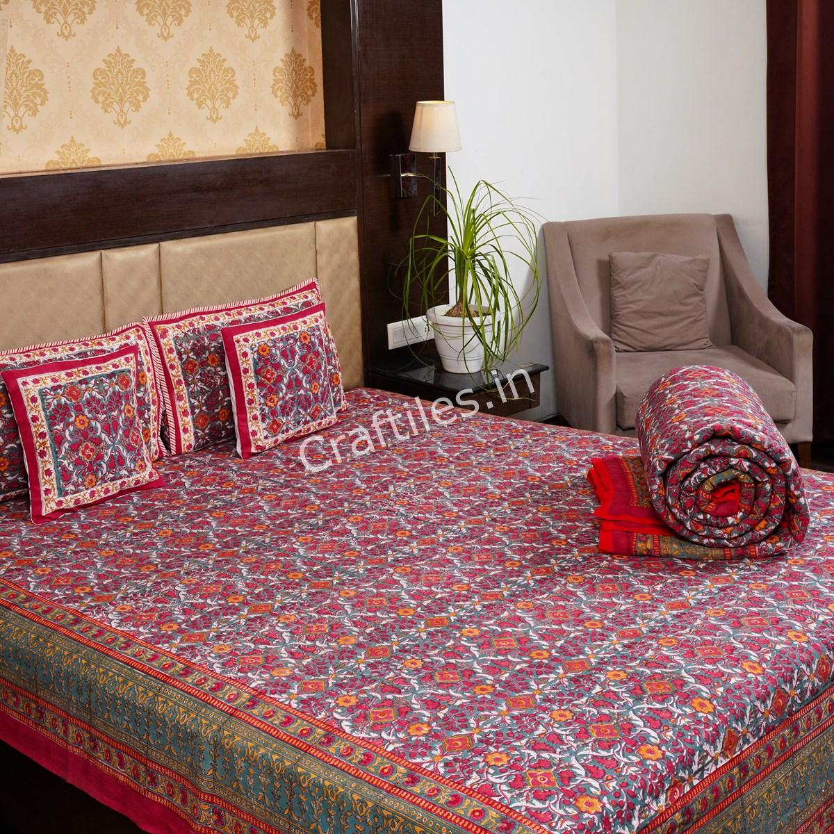 Craftiles - BS1133 Brodux Jaipuri Handblock Printed Bedding Set by Jaipur dharohar for Home and Wedding Gift - Red