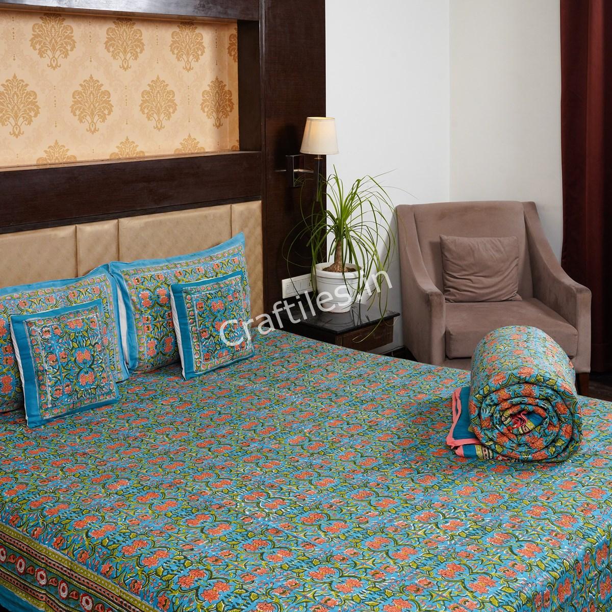 Craftiles - BS1112 Lotus Jaipuri Handblock Printed Bedding Set by Jaipur dharohar for Home and Wedding Gift - Blue