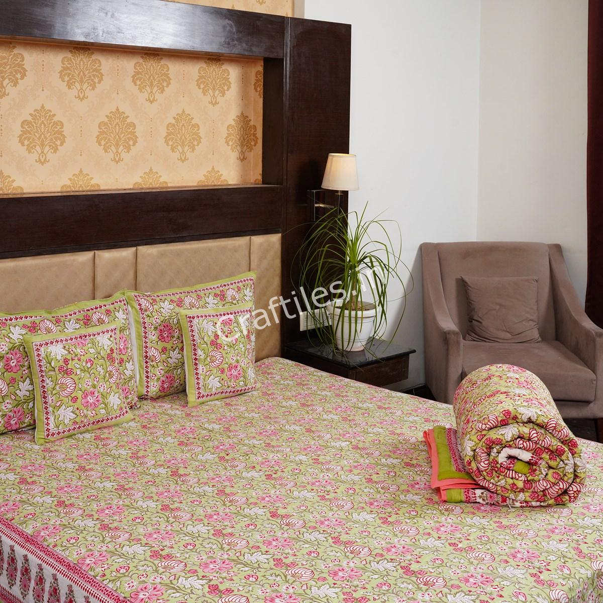Craftiles - BS1114 Birla Jaipuri Handblock Printed Bedding Set by Jaipur dharohar for Home and Wedding Gift - Green