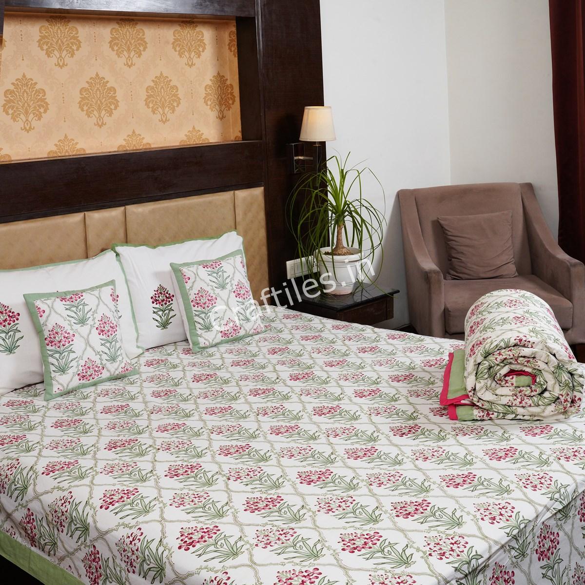 Craftiles - BS1143 Hawamahal Jaipuri Handblock Printed Bedding Set by Jaipur dharohar for Home and Wedding Gift - Green