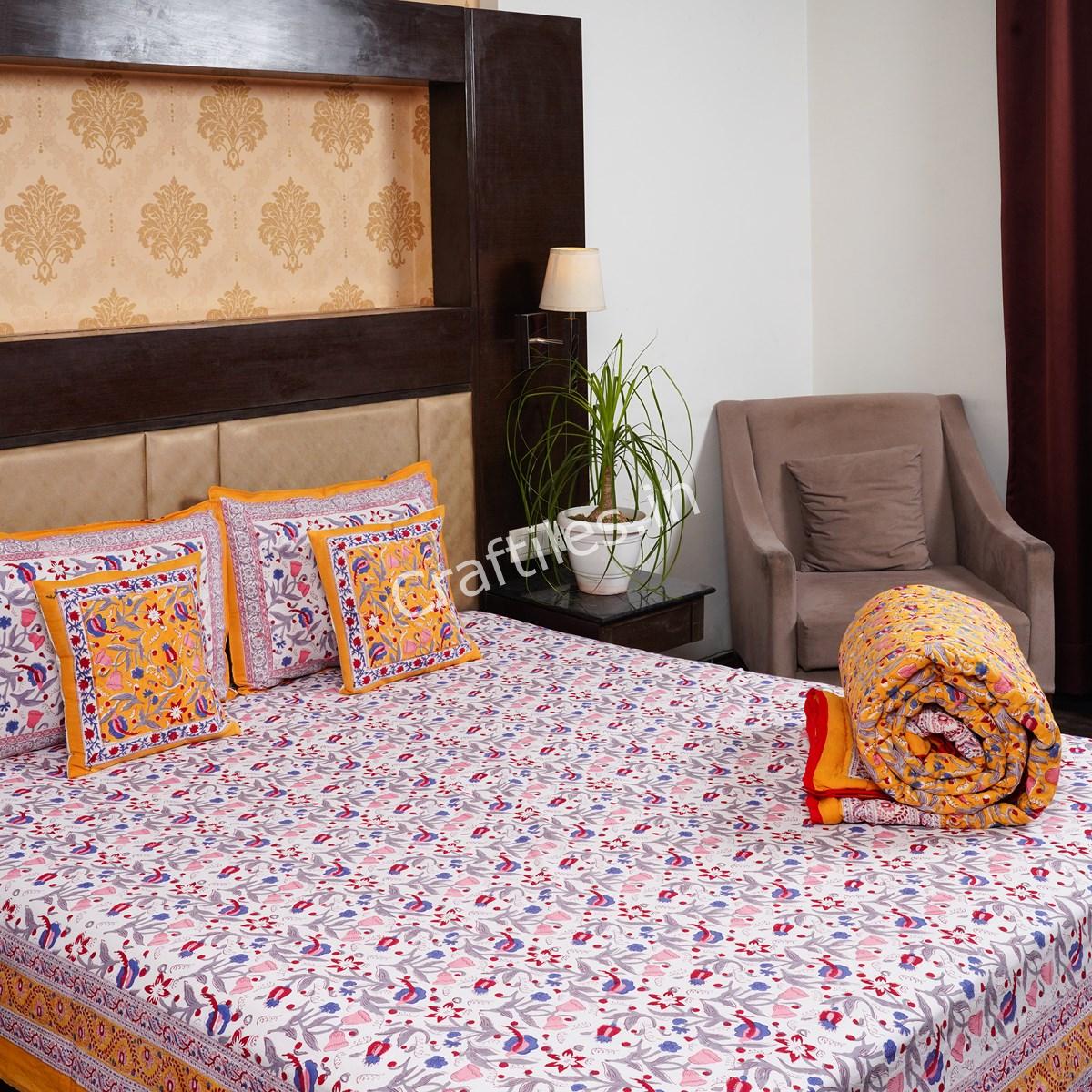Craftiles - BS1124R Royal Jaipuri Handblock Printed Bedding Set by Jaipur dharohar for Home and Wedding Gift - Yellow