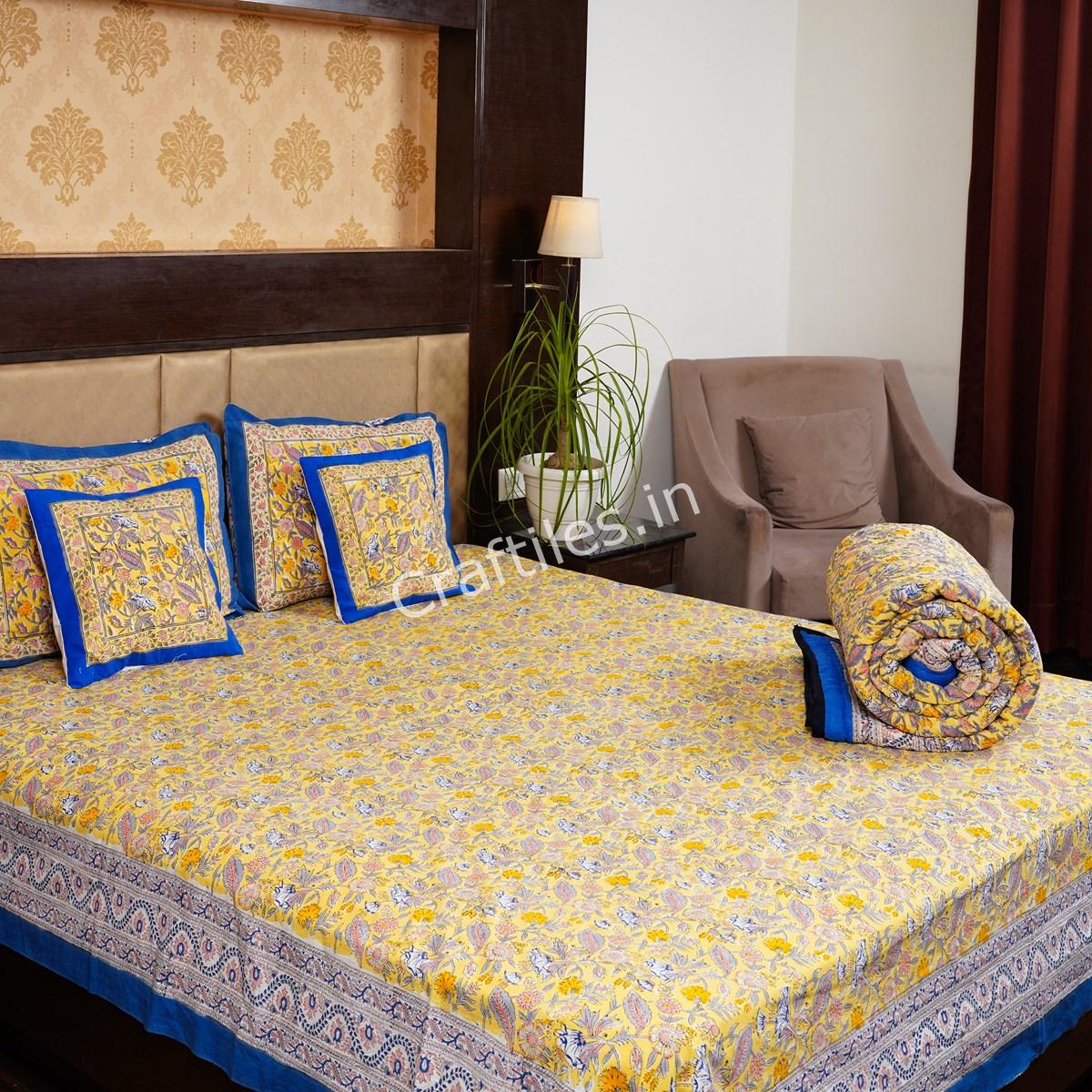 Craftiles - BS1135 Theme Jaipuri Handblock Printed Bedding Set by Jaipur dharohar for Home and Wedding Gift - Yellow