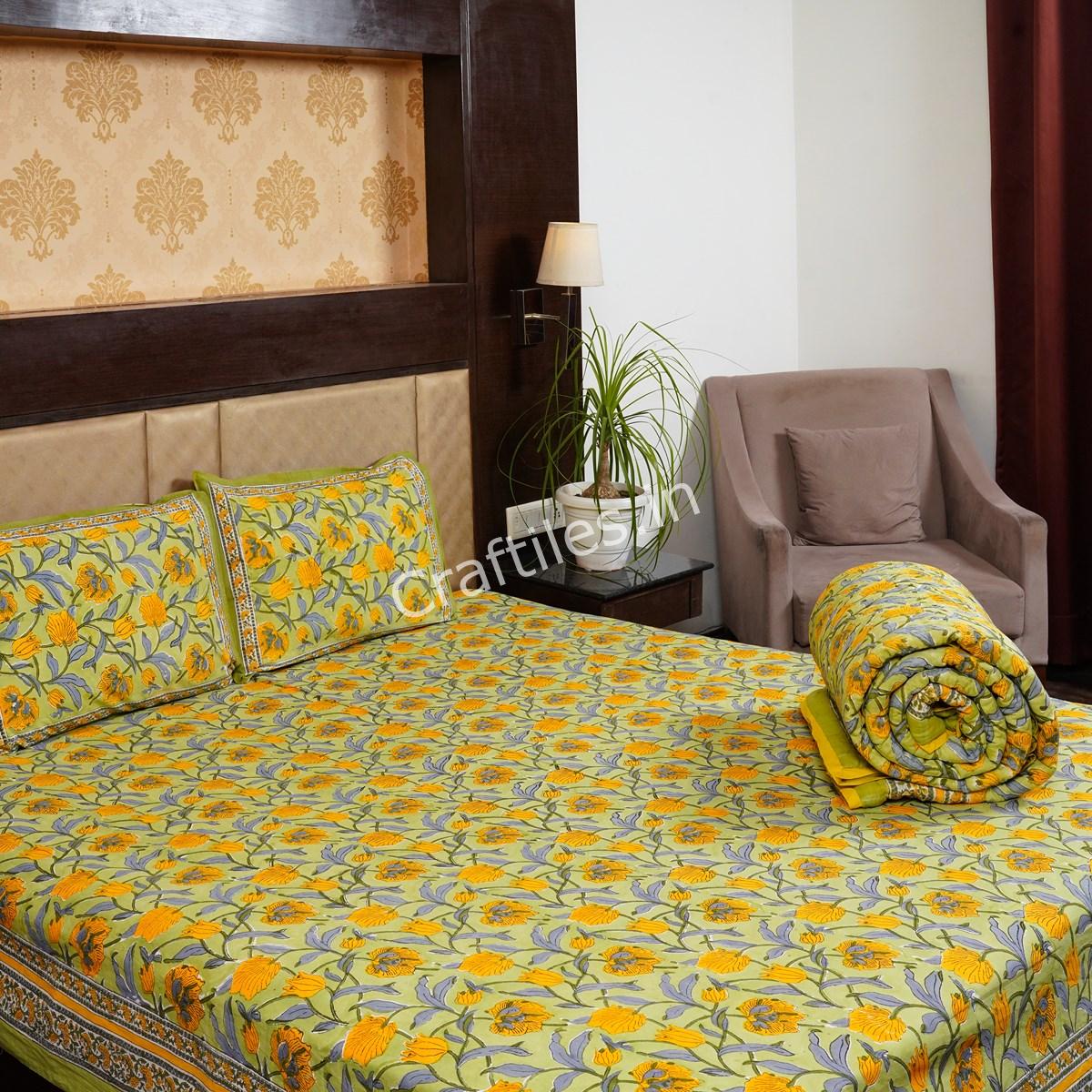 Craftiles - BS1134 Jiva Jaipuri Handblock Printed Bedding Set by Jaipur dharohar for Home and Wedding Gift - Green