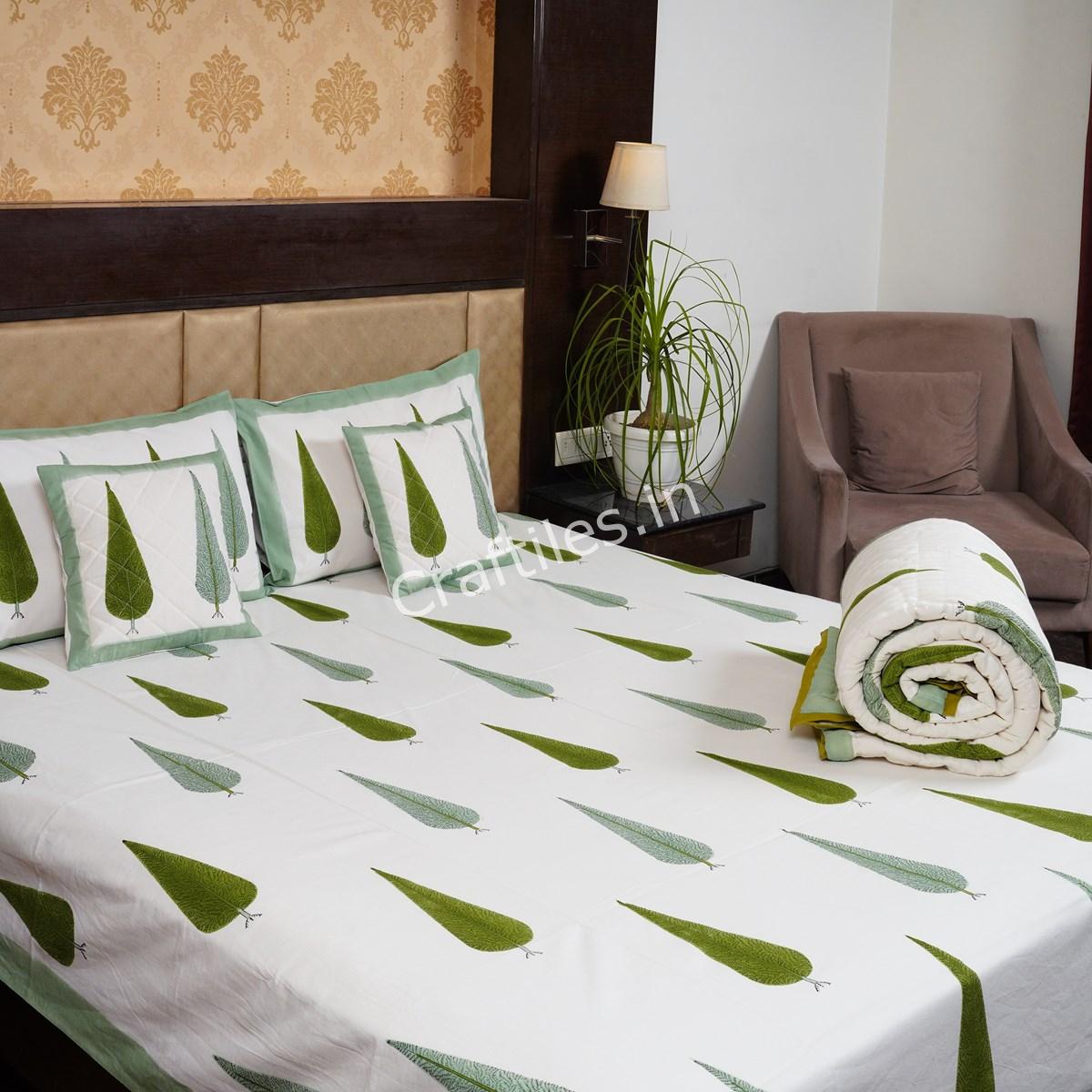 Craftiles - BS1147Q Elephant Jaipuri Handblock Printed Bedding Set by Jaipur dharohar for Home and Wedding Gift - Green