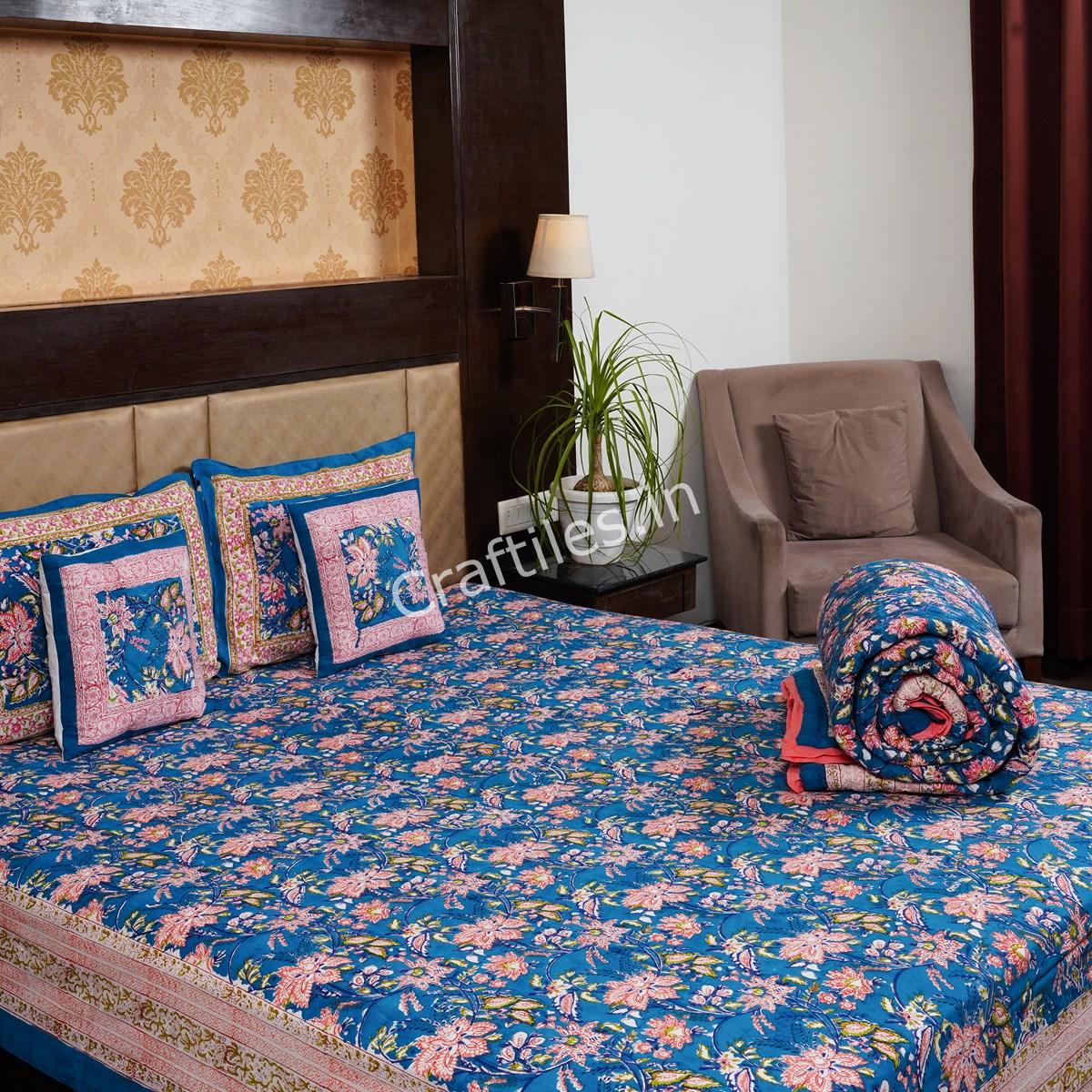 Craftiles - BS1103 Ratna Jaipuri Handblock Printed Bedding Set by Jaipur dharohar for Home and Wedding Gift - Blue