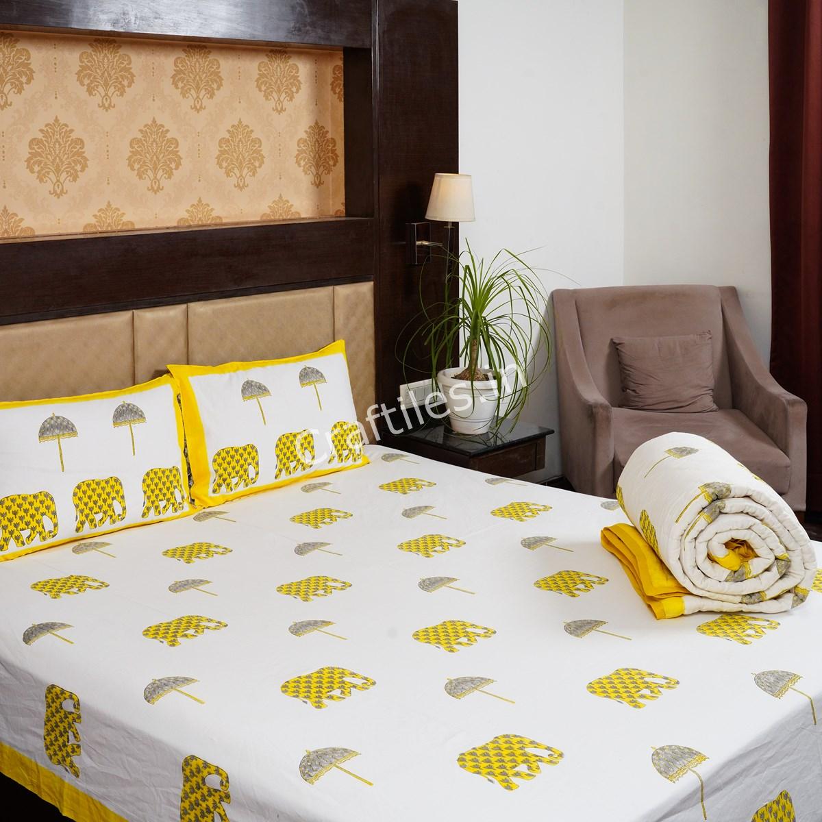 Craftiles - BS1117 Elephant Jaipuri Handblock Printed Bedding Set by Jaipur dharohar for Home and Wedding Gift - Yellow