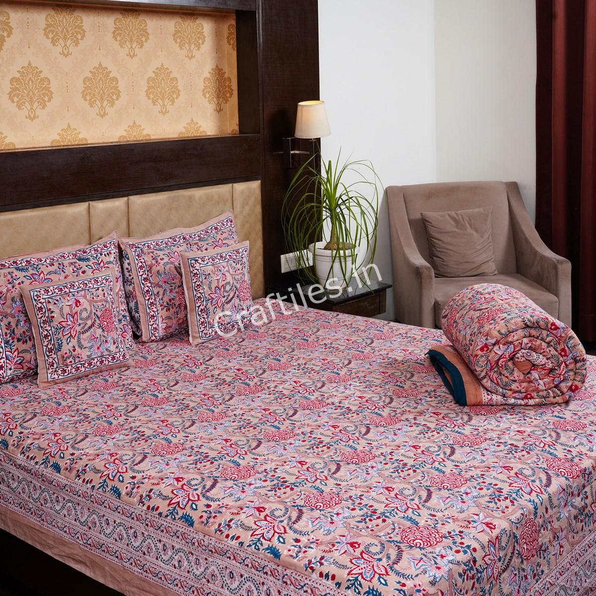 Craftiles - BS1122 Saat Kaam Jaipuri Handblock Printed Bedding Set by Jaipur dharohar for Home and Wedding Gift - Pink