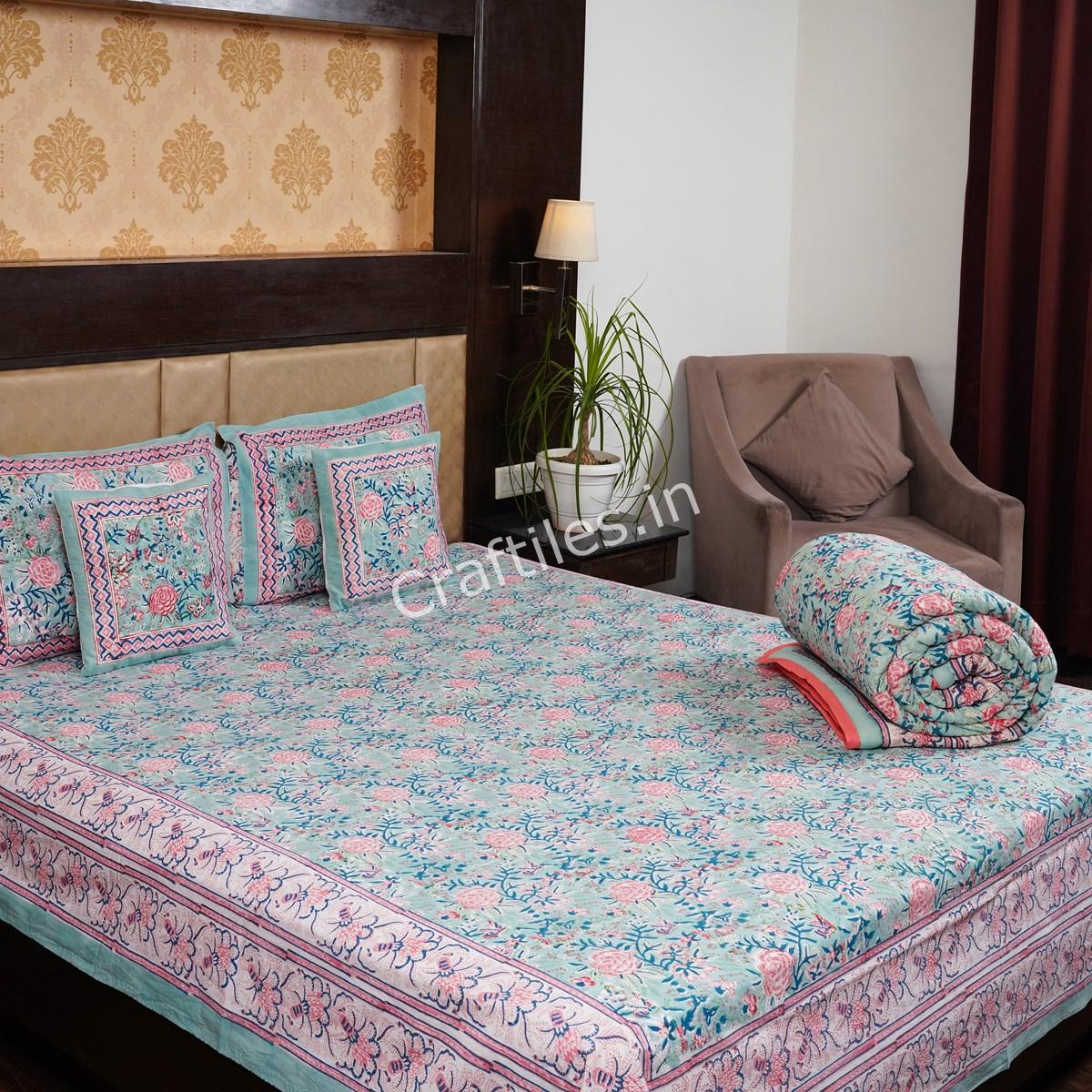 Craftiles - BS1035 English Matching Jaipuri Handblock Printed Bedding Set by Jaipur dharohar for Home and Wedding Gift - Green