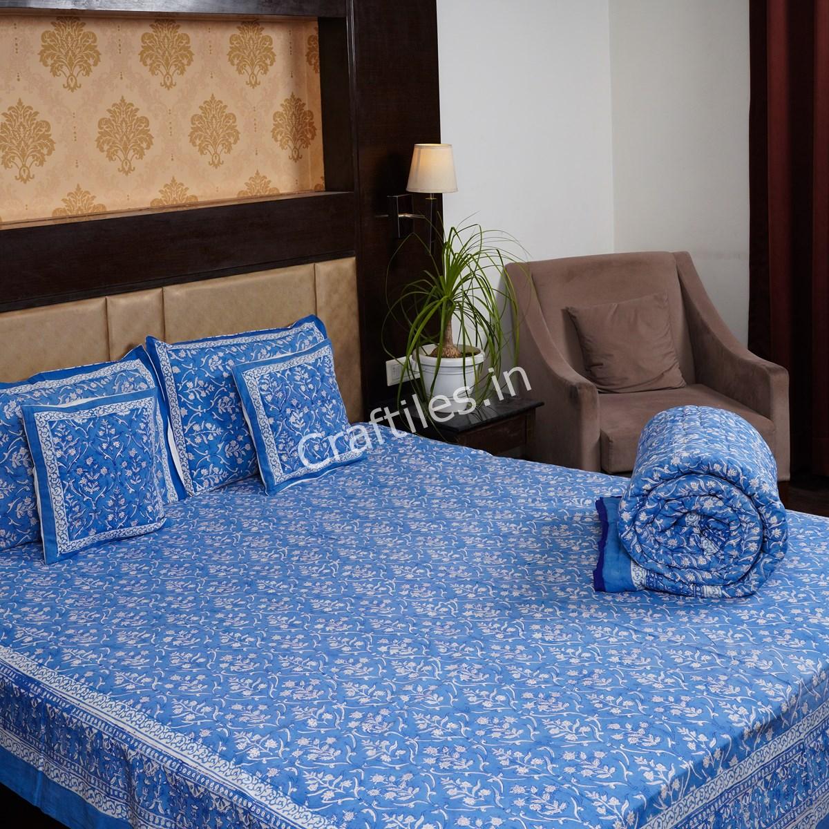 Craftiles - BS1023 Danim Jaipuri Handblock Printed Bedding Set by Jaipur dharohar for Home and Wedding Gift - Blue