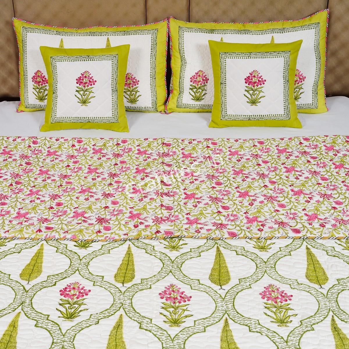 Craftiles - Premium Mahrab Jaipuri Handblock Printed Reversible Comforter by Jaipurdharohar - AC Quilt | Comforter | Bedcover | Gudarie - Green - Image 2