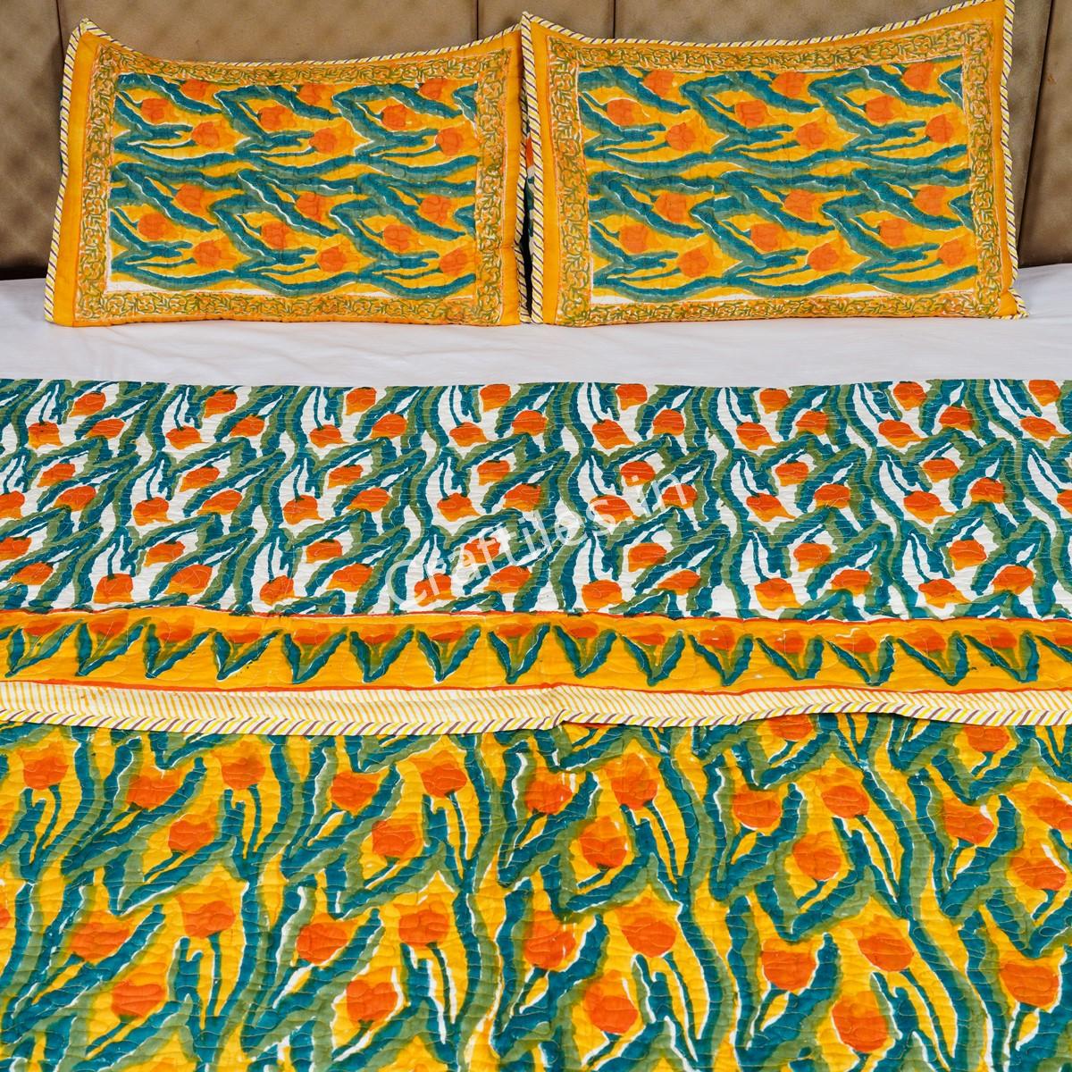 Craftiles - Tulip Jaipuri Handblock Printed Reversible Comforter by Jaipurdharohar - AC Quilt | Comforter | Bedcover | Gudarie - Yellow - Image 2