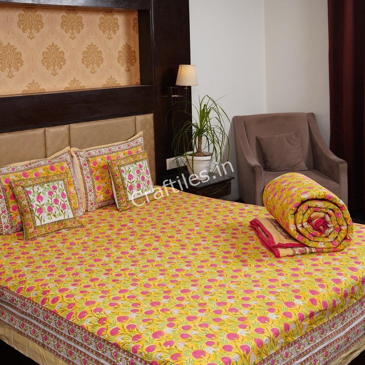 Craftiles - BS1064 FeatherJaipuri Handblock Printed Bedding Set by Jaipur dharohar for Home and Wedding Gift - Yellow