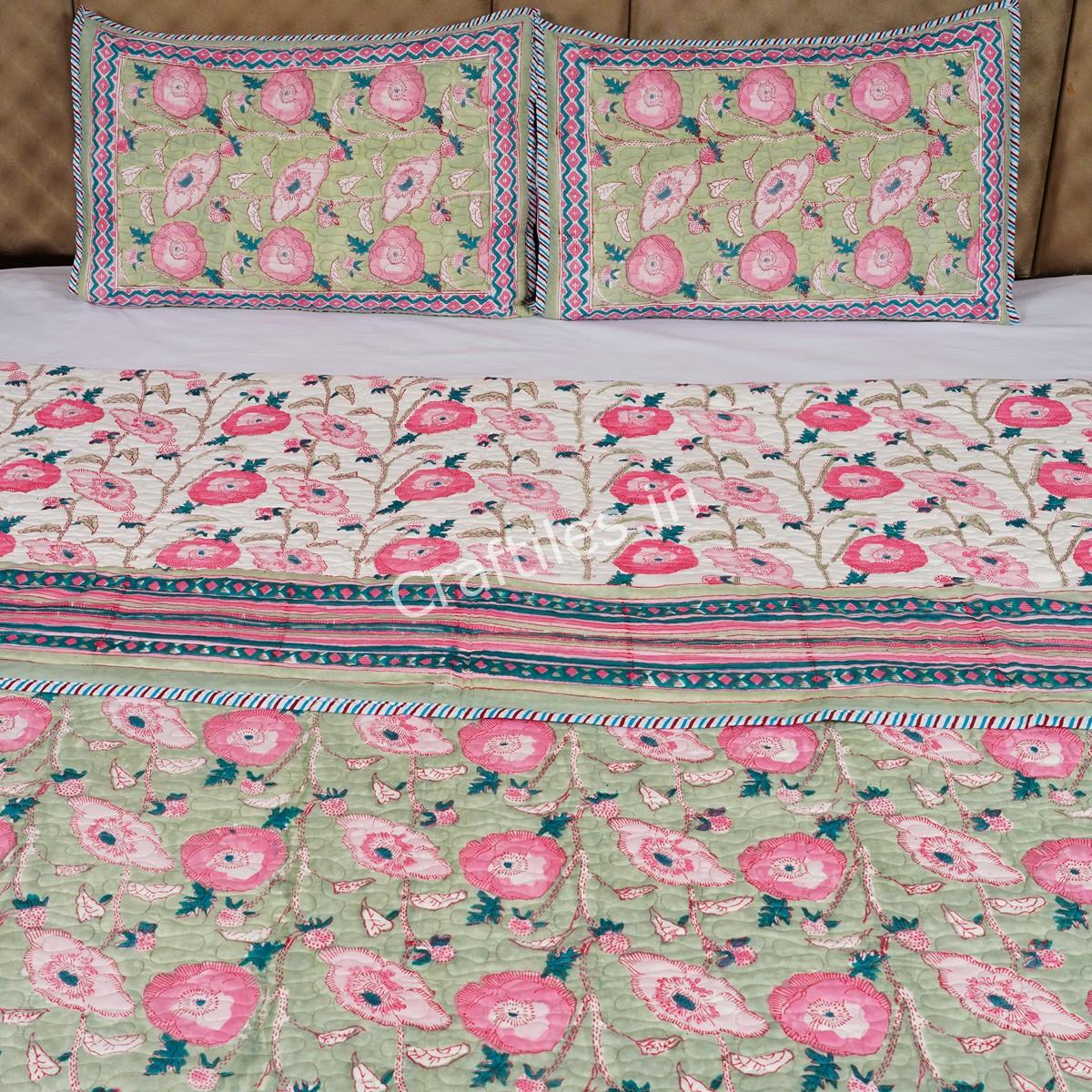 Craftiles - Varista Jaipuri Handblock Printed Reversible Comforter by Jaipurdharohar - AC Quilt | Comforter | Bedcover | Gudarie - Green - Image 2