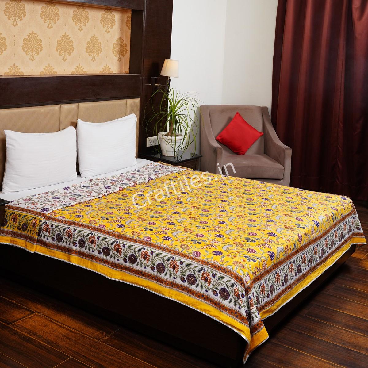 Craftiles – Galta Jaipuri Handblock Printed Reversible Dohar By Jaipur Dharohar – Yellow - Image 2