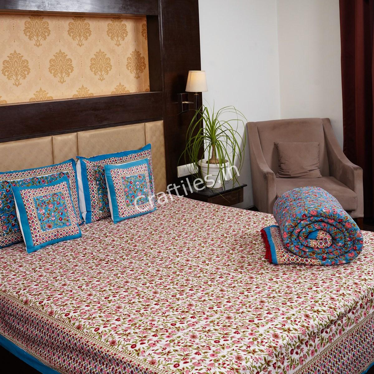 Craftiles - BS1119R Sea Jaipuri Handblock Printed Bedding Set by Jaipur dharohar for Home and Wedding Gift - Blue