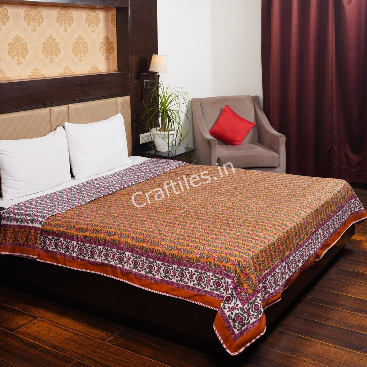 Craftiles – Bel Jaipuri Handblock Printed Reversible Dohar By Jaipur Dharohar – Orange - Image 2