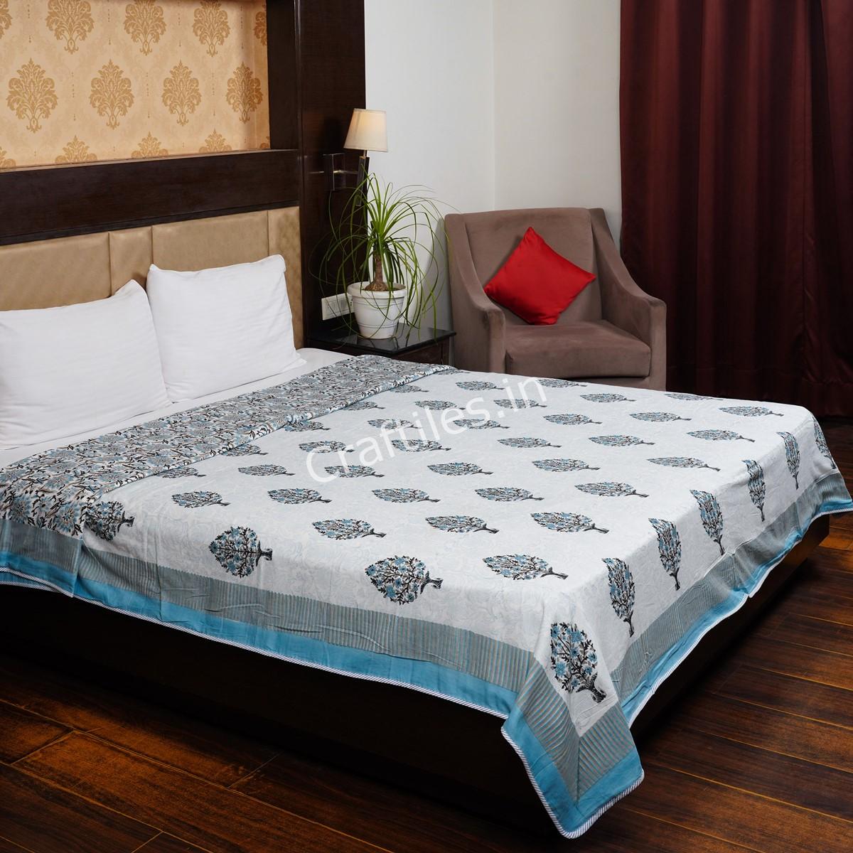 Craftiles – Paan Handblock Printed Reversible Dohar By Jaipur Dharohar – Blue - Image 2