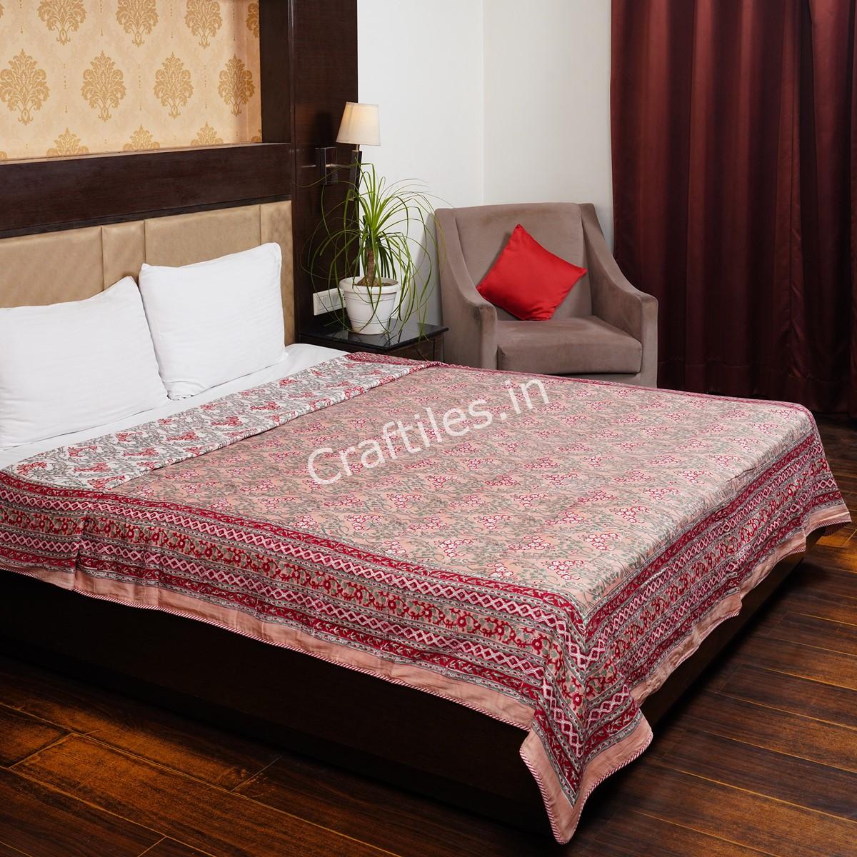 Craftiles –  Blossom Handblock Printed Reversible Dohar By Jaipur Dharohar – Red - Image 2