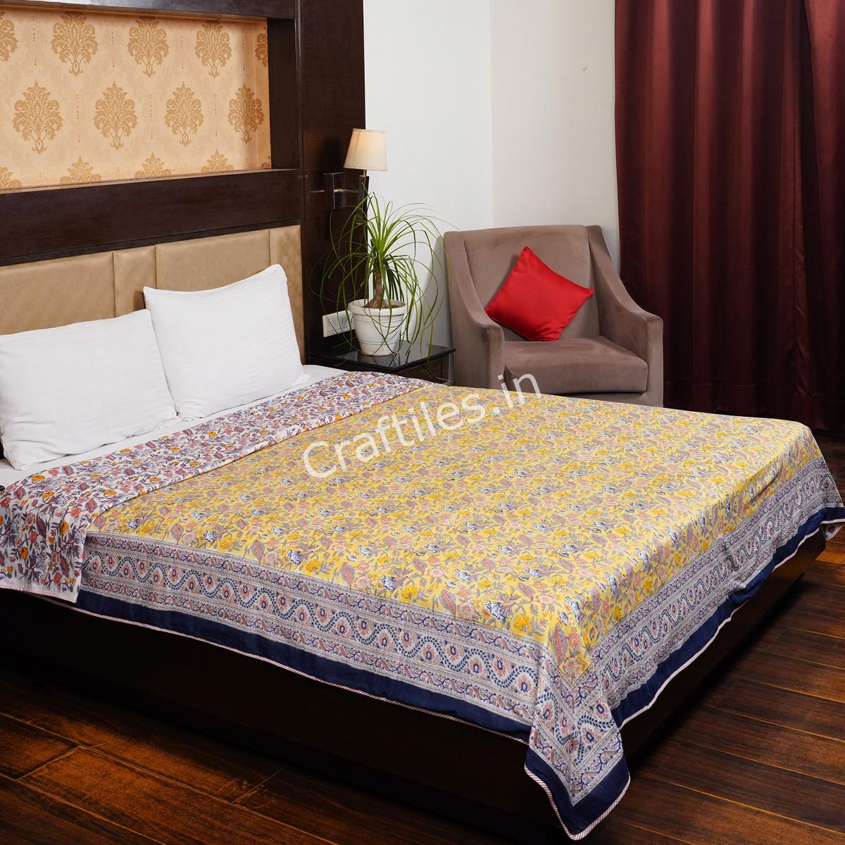 Craftiles – Multi flower Handblock Printed Reversible Dohar By Jaipur Dharohar – Yellow - Image 2