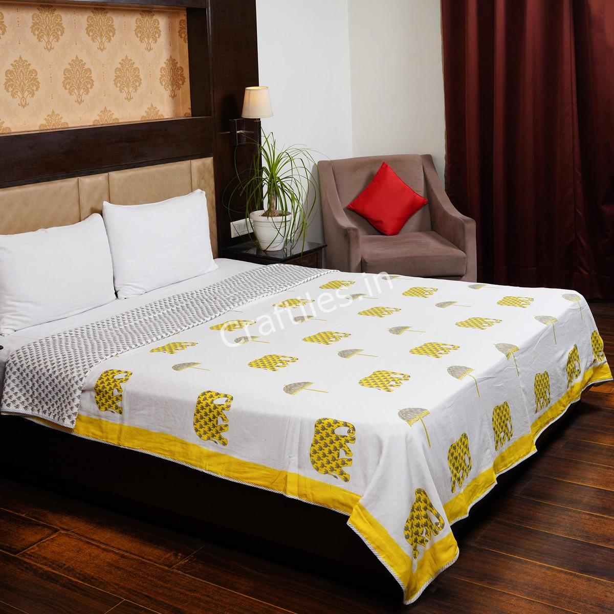 Craftiles – Elephant Handblock Printed Reversible Dohar By Jaipur Dharohar – Yellow - Image 2