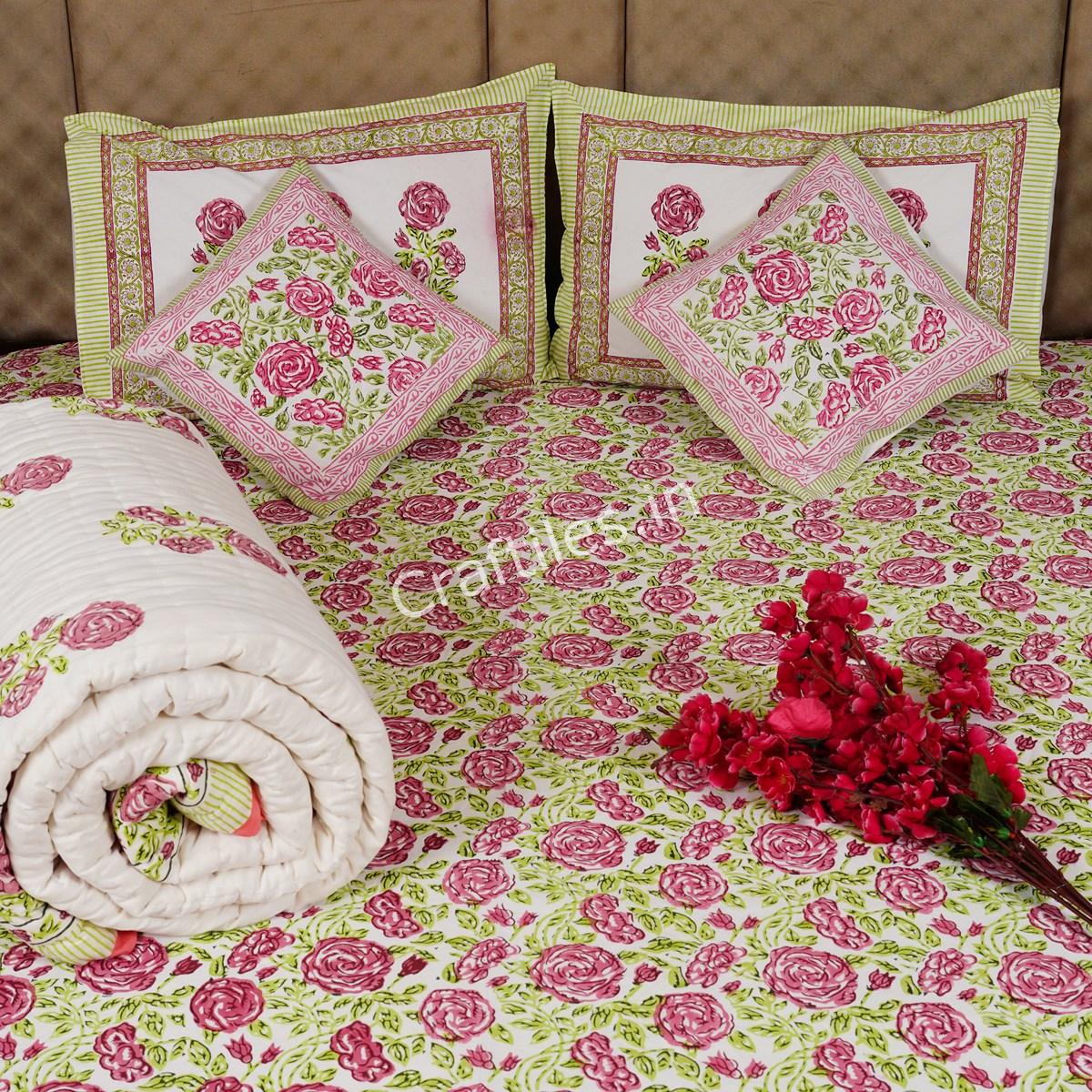 Craftiles - BS1065 Jaipuri Handblock Printed Bedding Set Jaipur dharohar for Home and Wedding Gift.W