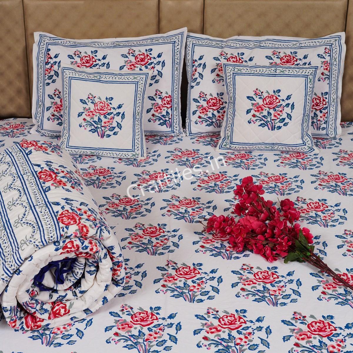 Craftiles - BS1056 Carry Jaipuri Handblock Printed Bedding Set by Jaipur dharohar for Home and Wedding Gift - Blue