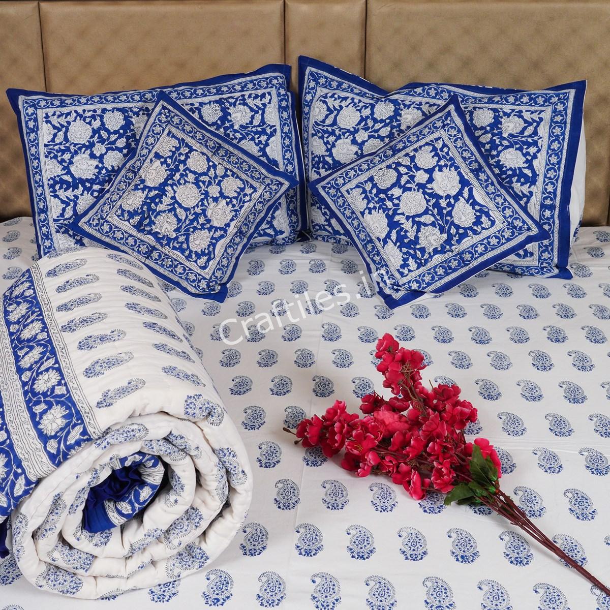 Craftiles - BS1056 Carry Jaipuri Handblock Printed Bedding Set by Jaipur dharohar for Home and Wedding Gift - Blue