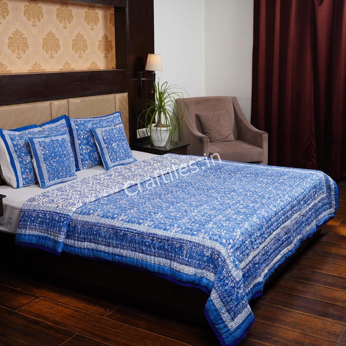 Craftiles - QL1023 Danim Jaipuri Handblock Printed Reversible Jaipuri Quilt by Jaipurdharohar - Blue
