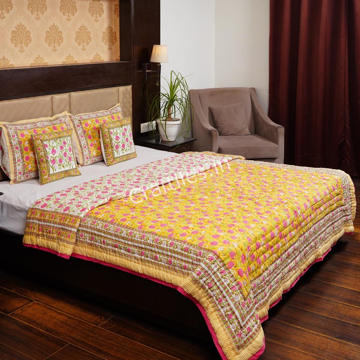 Craftiles - QL1064 Kashyap Jaipuri Handblock Printed Reversible Jaipuri Quilt by Jaipurdharohar - Yellow