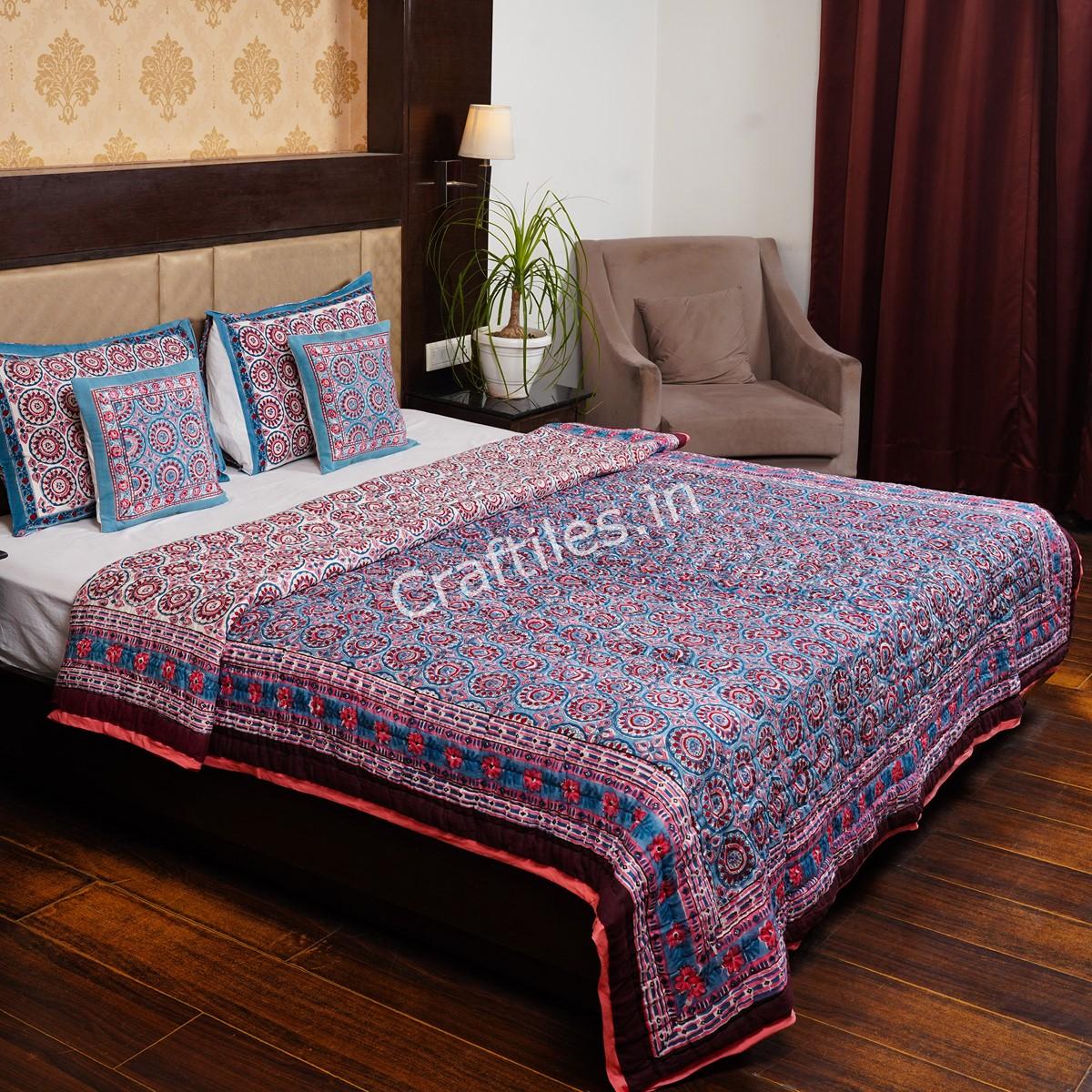 Craftiles - QL1113 Chakri Jaipuri Handblock Printed Reversible Jaipuri Quilt by Jaipurdharohar - Blue