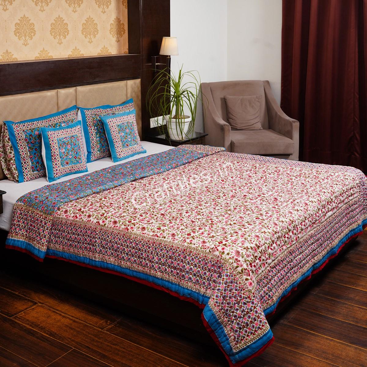 Craftiles - QL1119 Sea Jaipuri Handblock Printed Reversible Jaipuri Quilt by Jaipurdharohar - Pink (Copy)