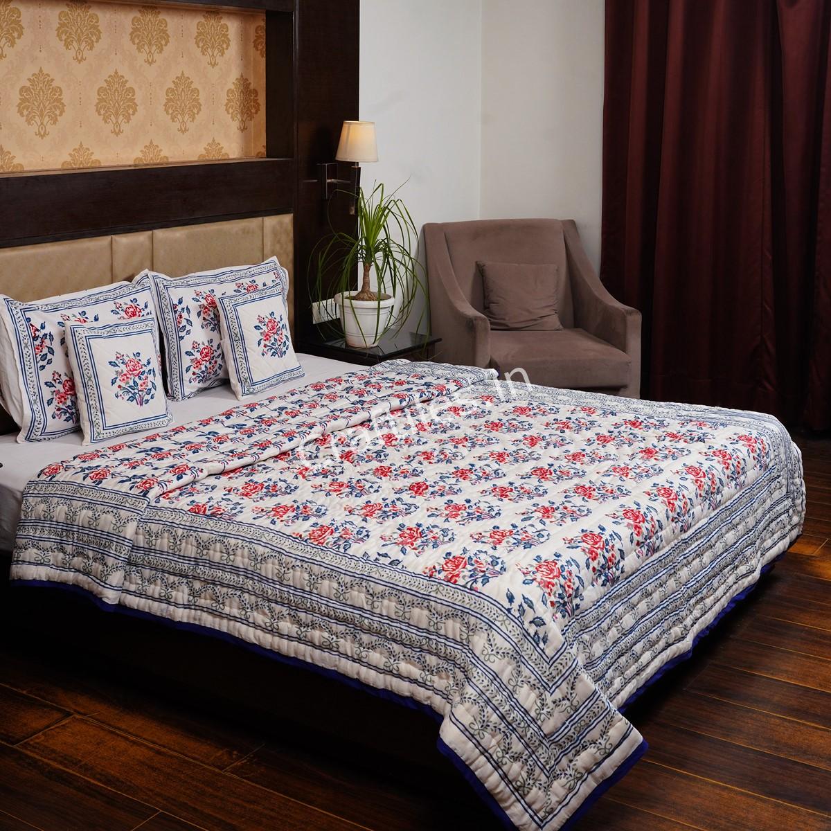 Craftiles - QL1030 Roseland Jaipuri Handblock Printed Reversible Jaipuri Quilt by Jaipurdharohar - Red