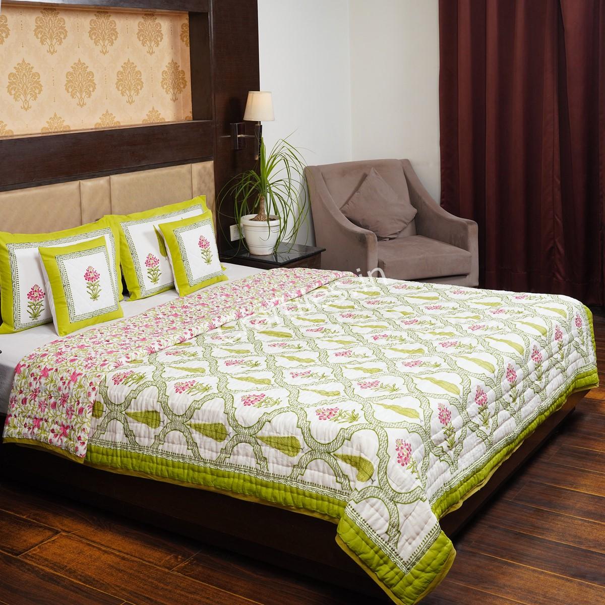 Craftiles - QL1128 Flower Pot Jaipuri Handblock Printed Reversible Jaipuri Quilt by Jaipurdharohar - Green