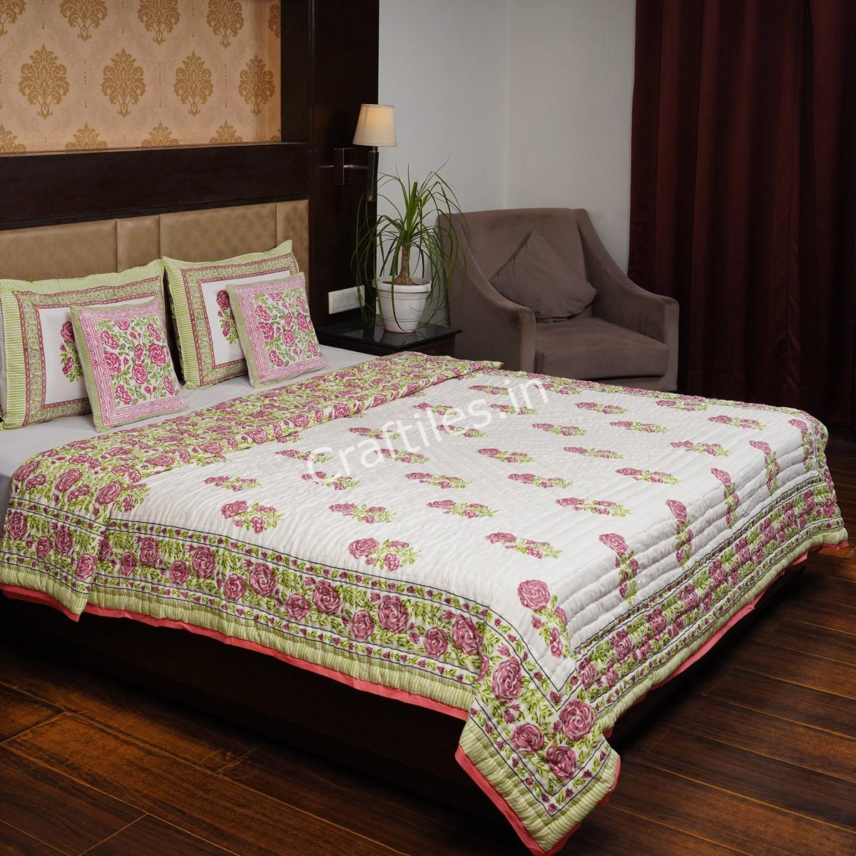 Craftiles - QL1065 Gulab Boota Jaipuri Handblock Printed Reversible Jaipuri Quilt by Jaipurdharohar - Pink