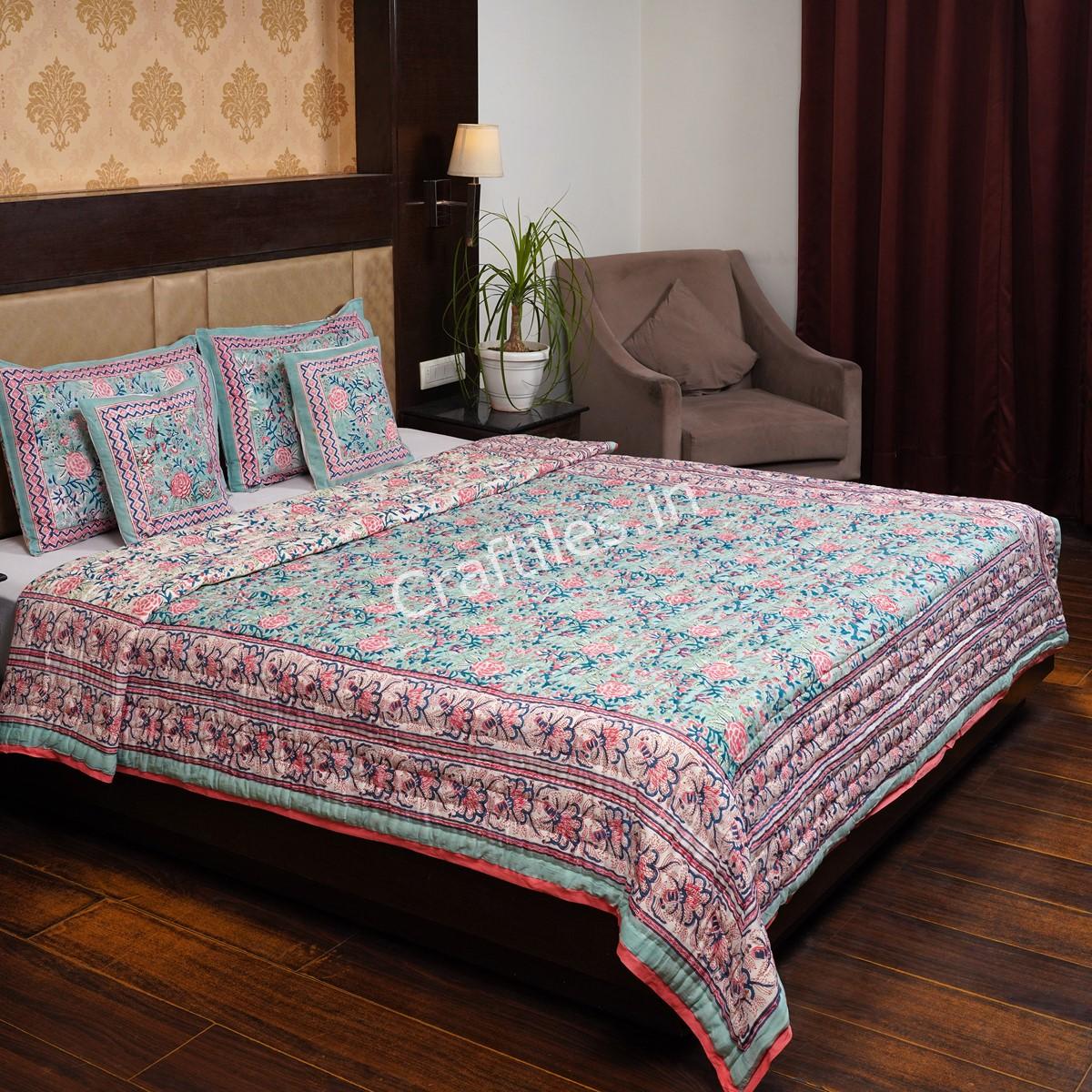 Craftiles - QL1035 English Matching Jaipuri Handblock Printed Reversible Jaipuri Quilt by Jaipurdharohar - Green