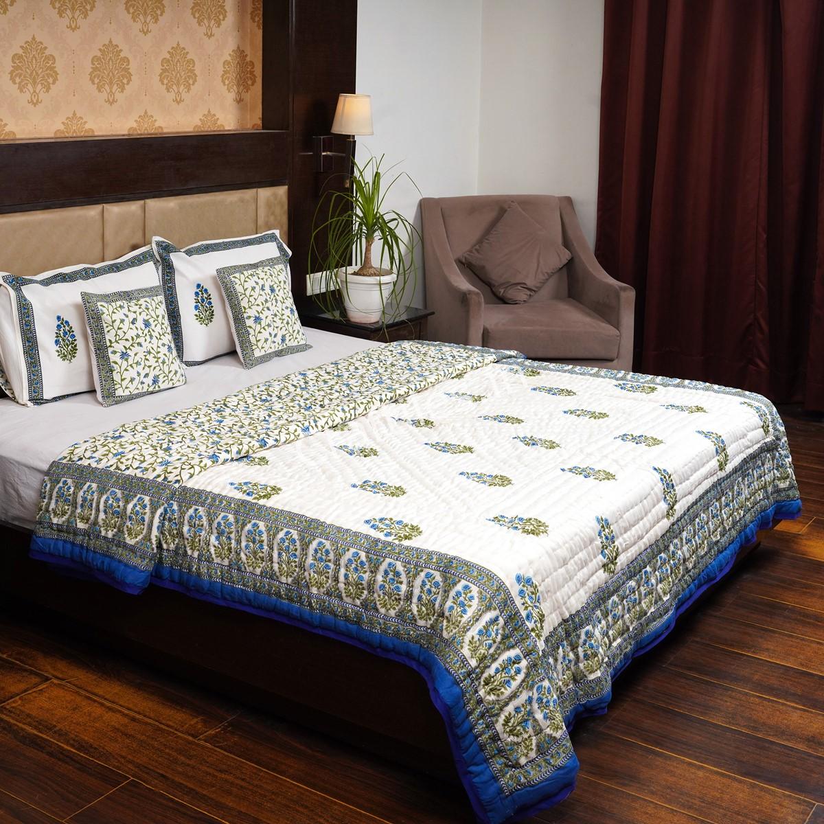 Craftiles - QL1057Q Mahrab Jaipuri Handblock Printed Reversible Jaipuri Quilt by Jaipurdharohar - Green