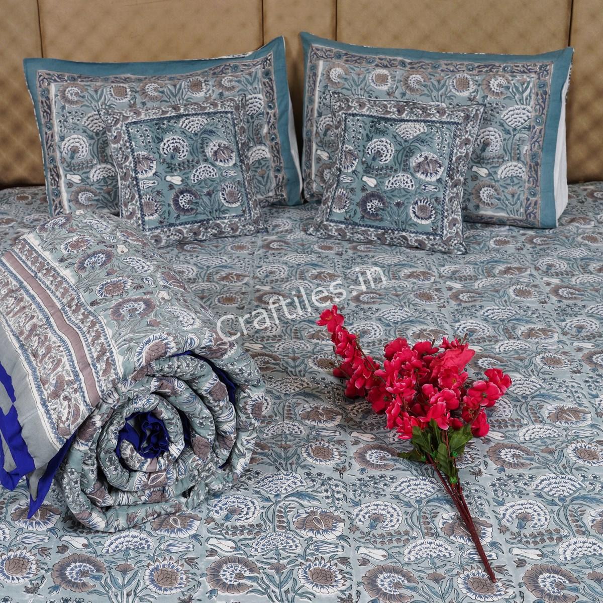 Craftiles - BS1136 Kashyap Jaipuri Handblock Printed Bedding Set by Jaipur dharohar for Home and Wedding Gift - Gray