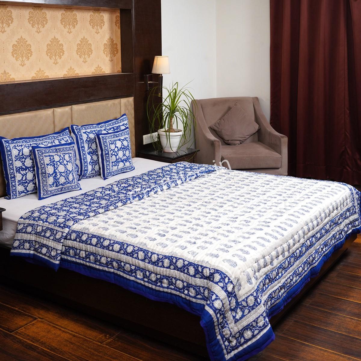 Craftiles - QL1056 Carry Jaipuri Handblock Printed Reversible Jaipuri Quilt by Jaipurdharohar - Blue